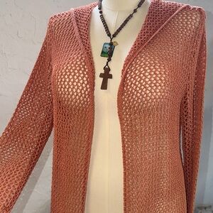 ELAN Crochet Bronze Copper Open Front Hooded Duster Cardigan Jacket Cover-up‎ L